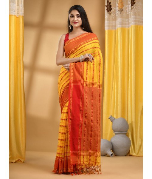  Traditional Bengali Bengamuri Pure Handloom Cotton Saree With Blouse Piece (Red Yellow)