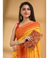  Traditional Bengali Bengamuri Pure Handloom Cotton Saree With Blouse Piece (Red Yellow)