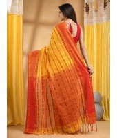  Traditional Bengali Bengamuri Pure Handloom Cotton Saree With Blouse Piece (Red Yellow)