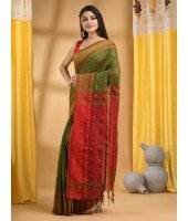  Traditional Bengali Begampuri Handloom Cotton Saree With Blouse Piece (Red Green)