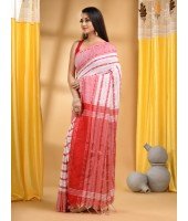  Traditional Bengali Begampuri Handloom Cotton Saree With Blouse Piece(Red White)