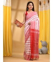  Traditional Bengali Begampuri Handloom Cotton Saree With Blouse Piece(Red White)