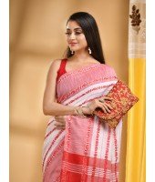  Traditional Bengali Begampuri Handloom Cotton Saree With Blouse Piece(Red White)