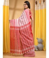  Traditional Bengali Begampuri Handloom Cotton Saree With Blouse Piece(Red White)