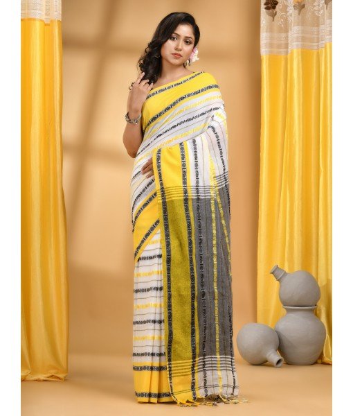  Traditional Bengali Begampuri Handloom Cotton Saree With Blouse Piece(Gray Yellow)