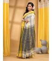  Traditional Bengali Begampuri Handloom Cotton Saree With Blouse Piece(Gray Yellow)