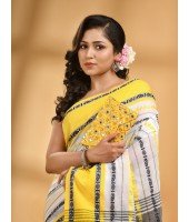  Traditional Bengali Begampuri Handloom Cotton Saree With Blouse Piece(Gray Yellow)