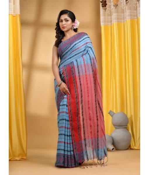 Traditional Bengali Begampuri  Handloom Cotton Saree With Blouse Piece (Blue Red)