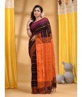 Traditional Bengali Begampuri Handloom Cotton Saree With Blouse Piece(Black Orange)