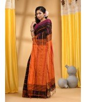 Traditional Bengali Begampuri Handloom Cotton Saree With Blouse Piece(Black Orange)