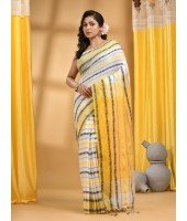 Traditional Bengali Begampuri   Handloom Cotton Saree With Blouse Piece(White Yellow)