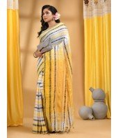 Traditional Bengali Begampuri   Handloom Cotton Saree With Blouse Piece(White Yellow)