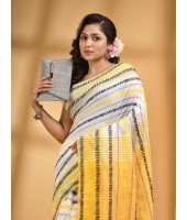 Traditional Bengali Begampuri   Handloom Cotton Saree With Blouse Piece(White Yellow)