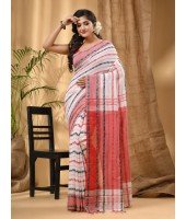 Traditional Bengali Begampuri Handloom Cotton Saree With Blouse Piece (White Black Red)