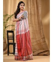 Traditional Bengali Begampuri Handloom Cotton Saree With Blouse Piece (White Black Red)