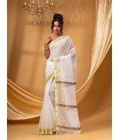 Traditional Cotton Blend Handloom SouthInd Saree Without Blouse Piece (White Gold)