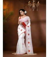 Cotton Blend Red Rose Woven Designer Saree with Blouse Piece (Red Pallu)