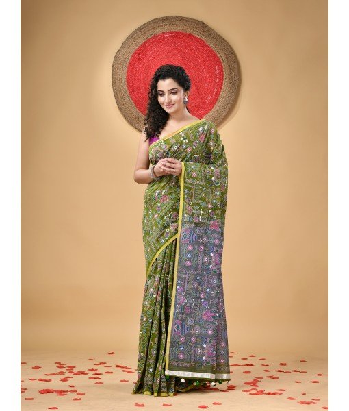  Blend Tribal Palki Printed Designer Saree with Blouse Piece (Gray Green)