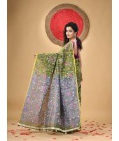  Blend Tribal Palki Printed Designer Saree with Blouse Piece (Gray Green)