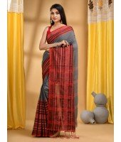  Flower Design Bengamuri Pure Handloom Cotton Saree With Blouse Piece (Gray  Red)