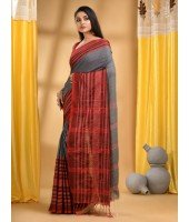  Flower Design Bengamuri Pure Handloom Cotton Saree With Blouse Piece (Gray  Red)