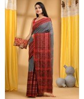  Flower Design Bengamuri Pure Handloom Cotton Saree With Blouse Piece (Gray  Red)