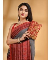  Flower Design Bengamuri Pure Handloom Cotton Saree With Blouse Piece (Gray  Red)