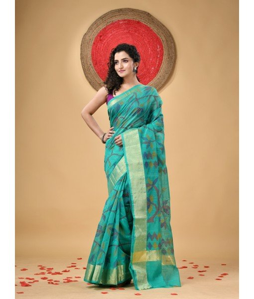  Handloom Cotton Blend Saree Floral Leaf Design With Blouse Piece (Firoza)