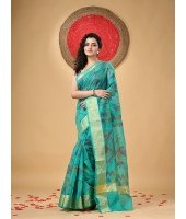  Handloom Cotton Blend Saree Floral Leaf Design With Blouse Piece (Firoza)