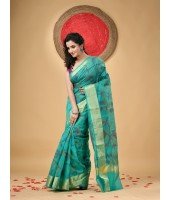  Handloom Cotton Blend Saree Floral Leaf Design With Blouse Piece (Firoza)