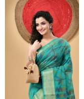  Handloom Cotton Blend Saree Floral Leaf Design With Blouse Piece (Firoza)