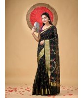 Handloom Cotton Blend Saree Floral Leaf Design With Blouse Piece (Black)