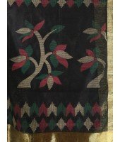 Handloom Cotton Blend Saree Floral Leaf Design With Blouse Piece (Black)