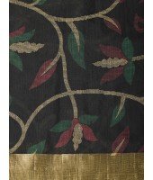 Handloom Cotton Blend Saree Floral Leaf Design With Blouse Piece (Black)