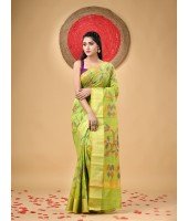 Handloom Cotton Blend Saree Floral Leaf Design With Blouse Piece (Green)