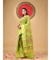 Handloom Cotton Blend Saree Floral Leaf Design With Blouse Piece (Green)