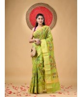 Handloom Cotton Blend Saree Floral Leaf Design With Blouse Piece (Green)