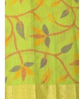 Handloom Cotton Blend Saree Floral Leaf Design With Blouse Piece (Green)