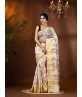 Handloom Cotton Blend Saree Floral Leaf Design With Blouse Piece (White)