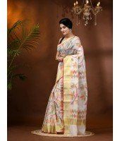 Handloom Cotton Blend Saree Floral Leaf Design With Blouse Piece (White)