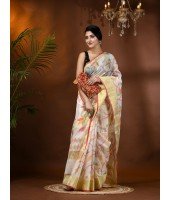 Handloom Cotton Blend Saree Floral Leaf Design With Blouse Piece (White)