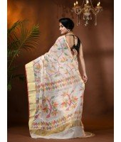 Handloom Cotton Blend Saree Floral Leaf Design With Blouse Piece (White)