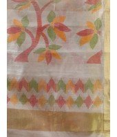 Handloom Cotton Blend Saree Floral Leaf Design With Blouse Piece (White)