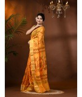 Handloom Cotton Blend Saree Floral Leaf Design With Blouse Piece (Yellow)