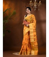 Handloom Cotton Blend Saree Floral Leaf Design With Blouse Piece (Yellow)