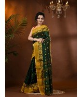  Handloom Cotton Saree Chakra Phool Woven Designer Without Blouse Piece (Green)