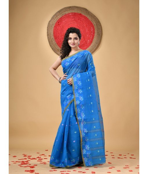 Traditional Pure Handloom Cotton Saree Leaf Woven Design Without Blouse Piece (Blue)