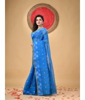 Traditional Pure Handloom Cotton Saree Leaf Woven Design Without Blouse Piece (Blue)