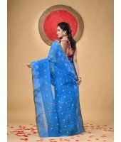 Traditional Pure Handloom Cotton Saree Leaf Woven Design Without Blouse Piece (Blue)