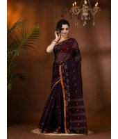 Traditional Pure Handloom Cotton Saree Leaf Woven Design Without Blouse Piece (Brown)